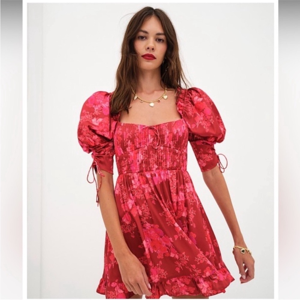 For Love And Lemons Red Puff Sleeve Mini Dress